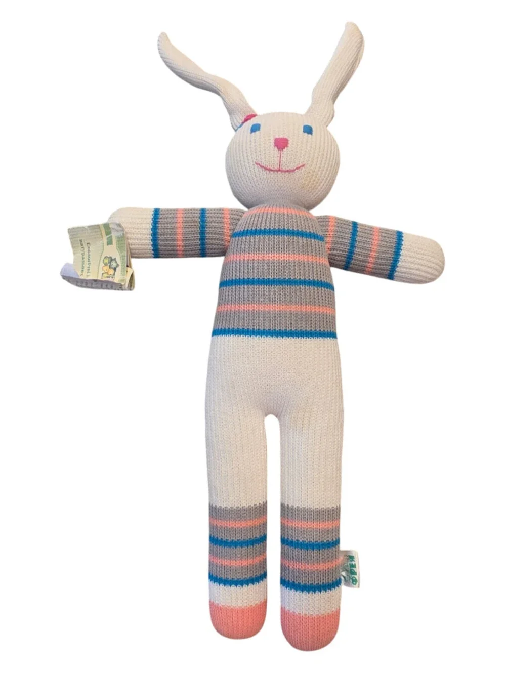 Vintage Knit Crochet Plush Stuffed Animal Bunny Rabbit Pastel Striped Easter